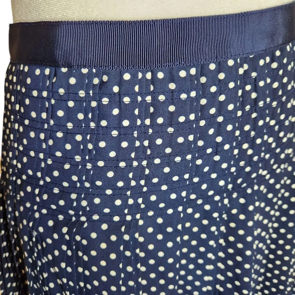 J. Crew Navy White Polka Dot Pleated Knee Length Skirt Women's 8 Preppy Academia